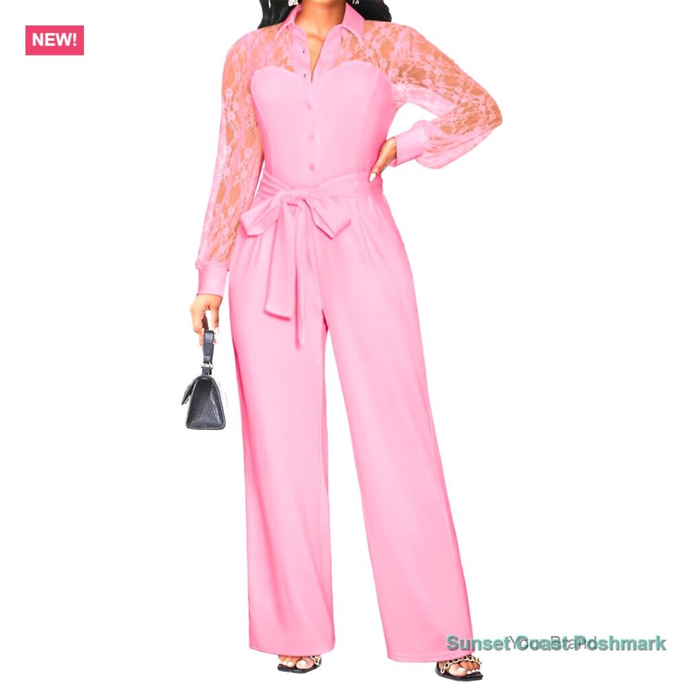 Elegant Lace Puff Sleeve Jumpsuit with Wide Leg Pants
